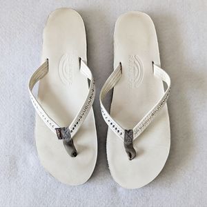 Rainbow White Swarovski Crystal Collection Leather Flip Flop Sandal Womens Large